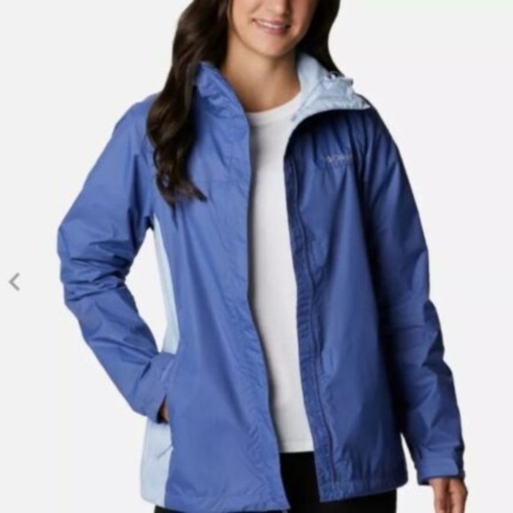 COLUMBIA Women Waterproof Sleeker Fabric Rain Jacket With Hood-- Blue (Faded Sky
